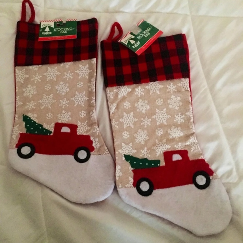 2 Farmhouse Red Truck Christmas stockings